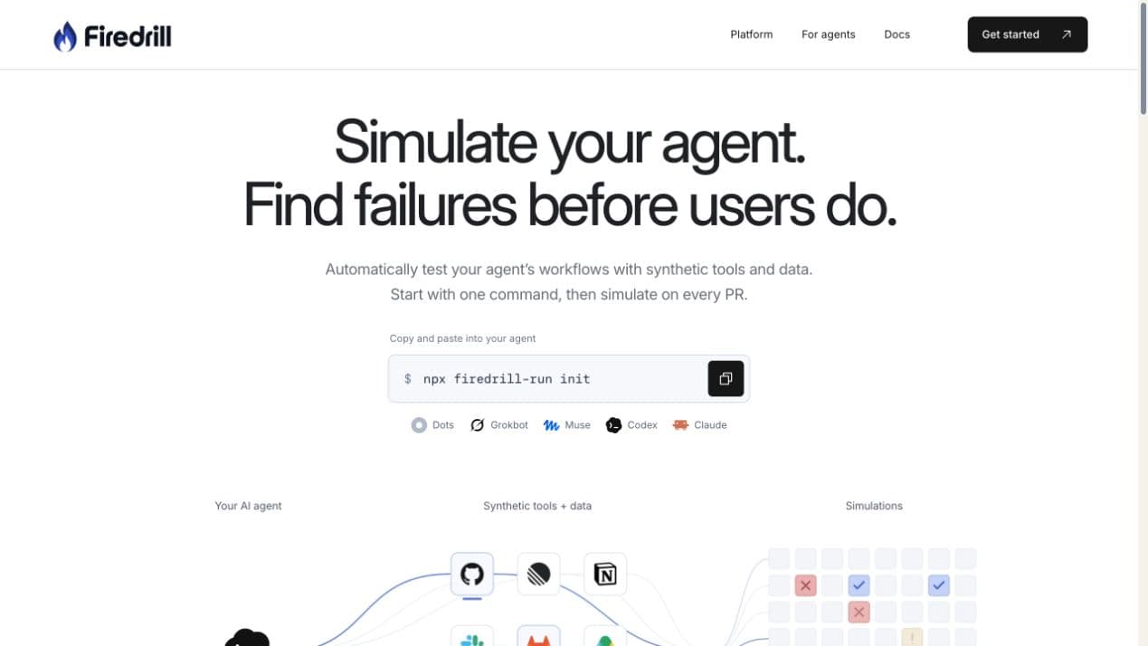 Firedrill homepage introducing simulation and testing for AI agents